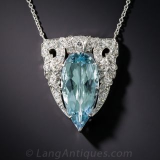 Art Deco Aquamarine, Platinum and Diamond Pendant Necklace