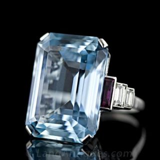 Art Deco Aquamarine, Platinum, Diamond and Ruby Ring