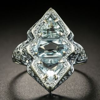 Art Deco Aquamarine Three-Stone Filigree Ring - 2