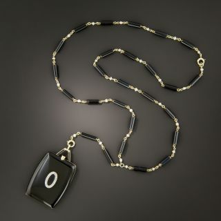 Art Deco Black Enamel and Diamond Locket Necklace by Levitt & Co. - 7