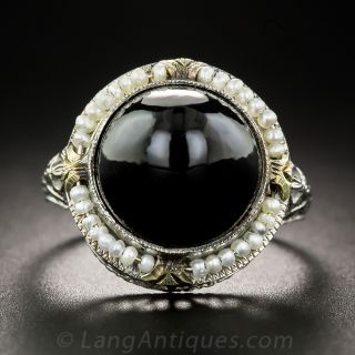 Art Deco Black Onyx and Seed Pearl Ring