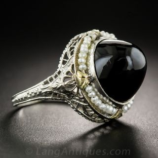 Art Deco Black Onyx and Seed Pearl Ring