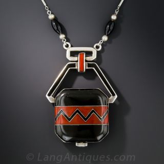 Art Deco Black & Red Enameled Watch Pendant Necklace