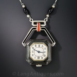 Art Deco Black & Red Enameled Watch Pendant Necklace