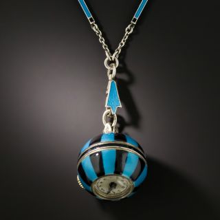 Art Deco Blue and Black Enamel Pendant Watch Necklace - 1