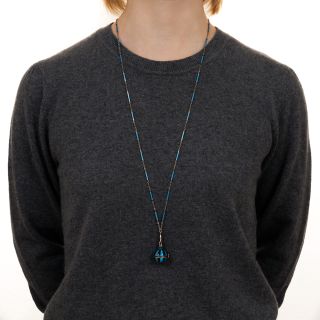 Art Deco Blue and Black Enamel Pendant Watch Necklace