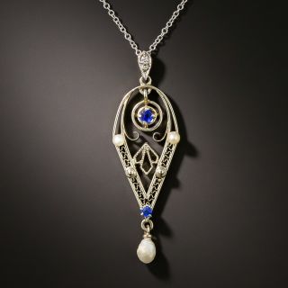 Art Deco Blue Glass and Pearl Pendant - 2