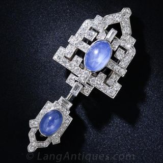 Art Deco Blue Star Sapphire, Platinum and Diamond Jabot/Clip Pin Combo