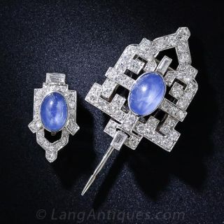 Art Deco Blue Star Sapphire, Platinum and Diamond Jabot/Clip Pin Combo