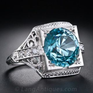 Art Deco Blue Zircon and Diamond Ring