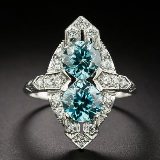 Art Deco Blue Zircon and Diamond Toi et Moi Ring - 2
