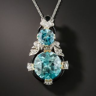 Art Deco Blue Zircon Diamond Pendant Necklace - 1