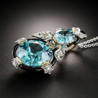 Art Deco Blue Zircon Diamond Pendant Necklace