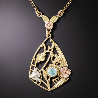 Art Deco Blue Zircon Four-Color Gold Pendant - 2