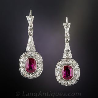 Art Deco Burma Ruby and Diamond Drop Earrings - Natural No-Heat