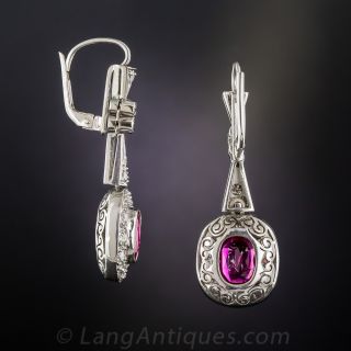 Art Deco Burma Ruby and Diamond Drop Earrings - Natural No-Heat