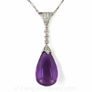 Art Deco Cabochon Amethyst and Diamond Drop Necklace