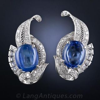 Vintage Cabochon Sapphire and Diamond Earrings - 1