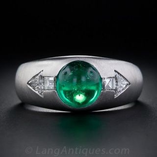Art Deco Cabochon Emerald and Diamond Gents Ring