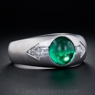 Art Deco Cabochon Emerald and Diamond Gents Ring