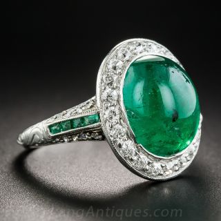 Art Deco Cabochon Emerald and Diamond Ring