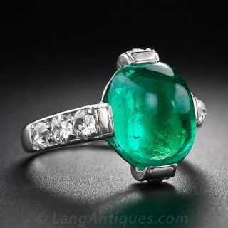 Art Deco Cabochon Emerald and Diamond Ring