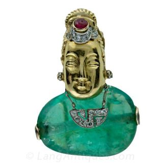 Art Deco Cabochon Emerald Asian Style Brooch Main View