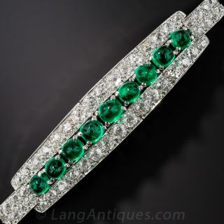 Art Deco Cabochon Emerald Diamond Platinum Bracelet - 1