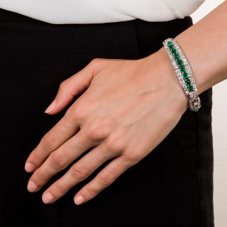 Art Deco Cabochon Emerald Diamond Platinum Bracelet