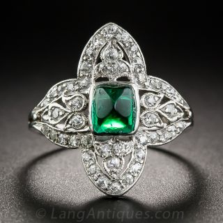  Art Deco Cabochon Emerald Platinum and Diamond Ring