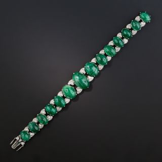 Art Deco Cabochon Emerald Platinum Diamond Bracelet - 75 Carats - 3