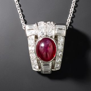 Art Deco Cabochon No-Heat Ruby and Diamond Pendant - 1