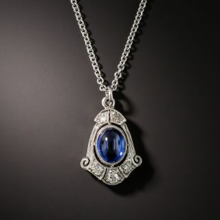 Art Deco Cabochon Sapphire and Diamond Pendant - 2