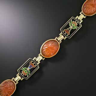Art Deco Carnelian and Blossom Enamel Link Bracelet - 2