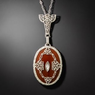 Art Deco Carnelian-Colored Glass and Diamond Pendant - 3