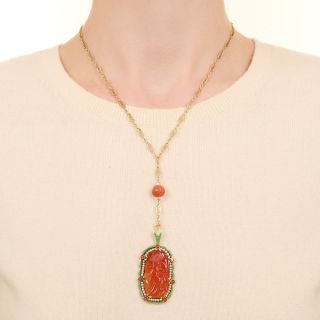 Art Deco Carnelian, Seed Pearl and Enamel Necklace