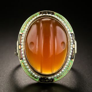 Art Deco Carnelian, Seed Pearl and Enamel Ring - 2