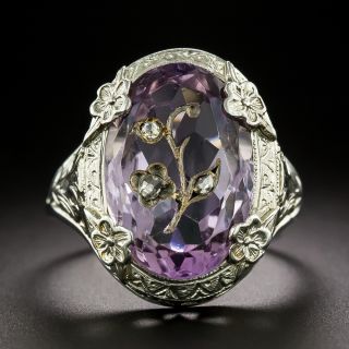 Art Deco Carved Amethyst and Diamond Flower Ring - 3