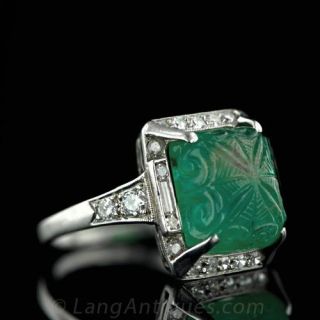 Art Deco Carved Emerald and Diamond Ring