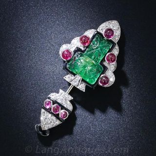 Art Deco Carved Emerald Ruby, Diamond and Enamel Jabot Pin
