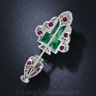 Art Deco Carved Emerald Ruby, Diamond and Enamel Jabot Pin