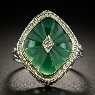 Art Deco Carved Green Chalcedony and Diamond Ring - 3