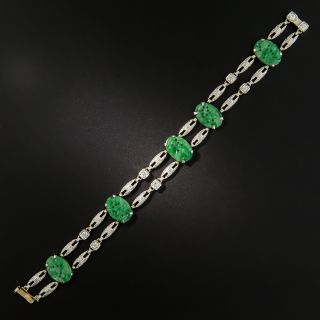 Art Deco Carved Jade and Diamond Bracelet