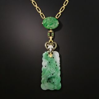 Art Deco Carved Jade and Diamond Necklace  - 2