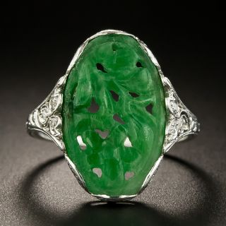 Art Deco Carved Jade and Diamond Ring - 2