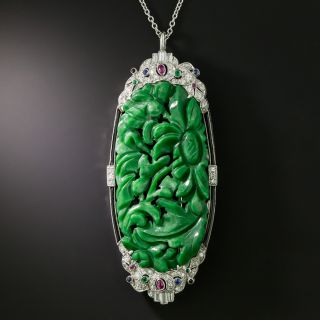 Art Deco Carved Jade Art Deco Pin / Pendant  - 1