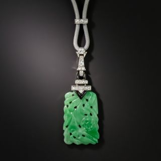 Art Deco Carved Jade Diamond and Onyx Pendant - 2