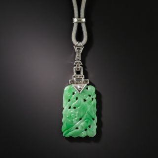 Art Deco Carved Jade Diamond and Onyx Pendant