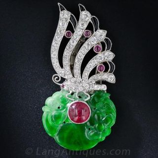 Art Deco Carved Jade, Diamond, Ruby and Onyx Clip