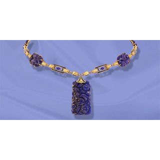 Art Deco Carved Lapis Lazuli and Enamel Drop Necklace